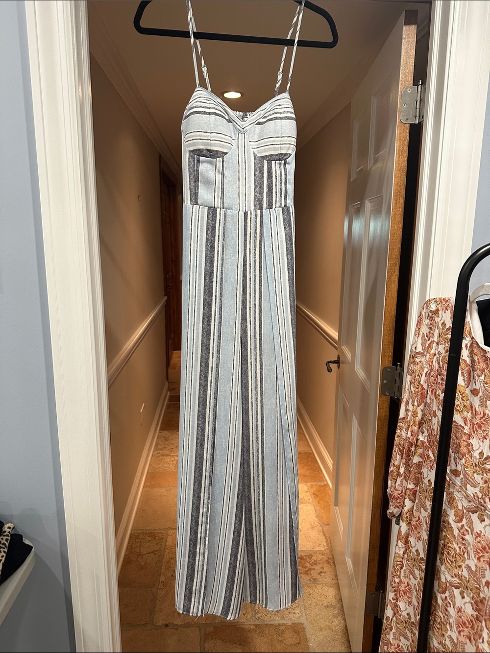 Xhilaration Blue and White Striped Spaghetti-Strap Jumpsuit